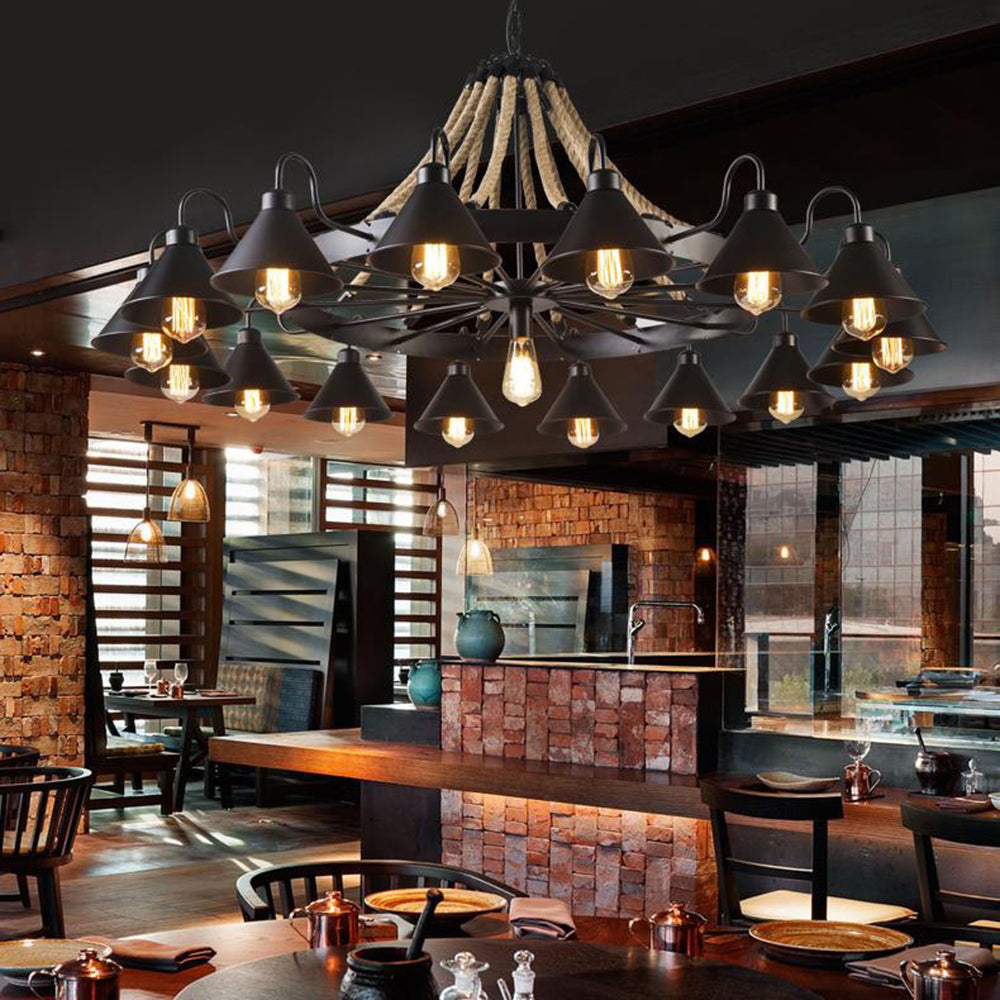 Alessio Vintage Industrial Rope Chandelier – 9/17 Lights, Black