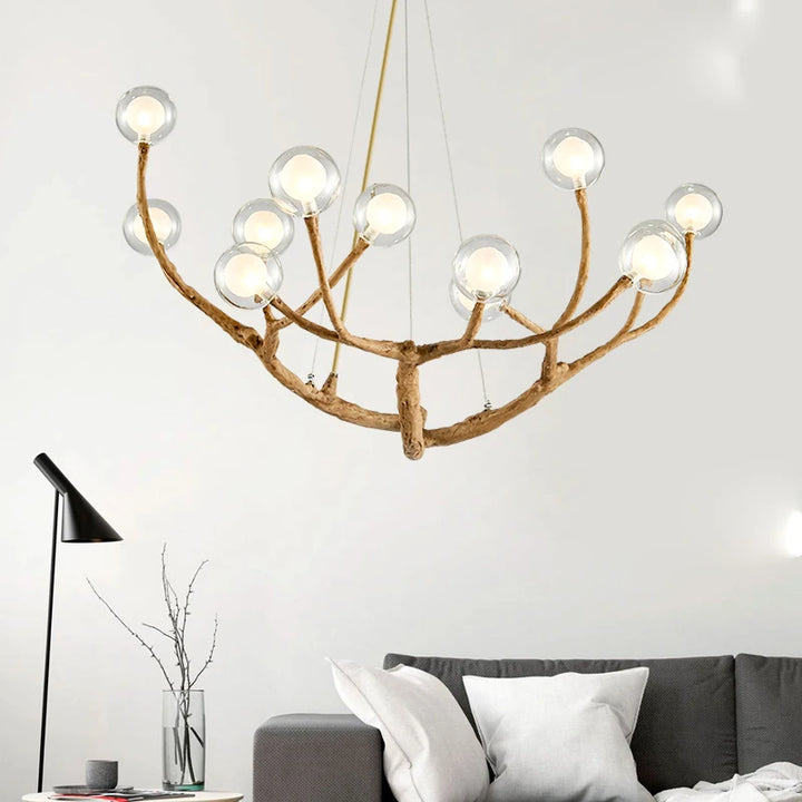 Branch Chandelier – Natural Wood and Glass Pendant Light