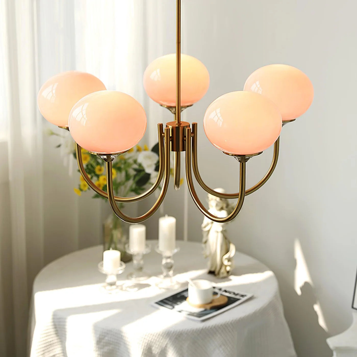 Modern Brass Ceiling Light with Pink Glass Shades