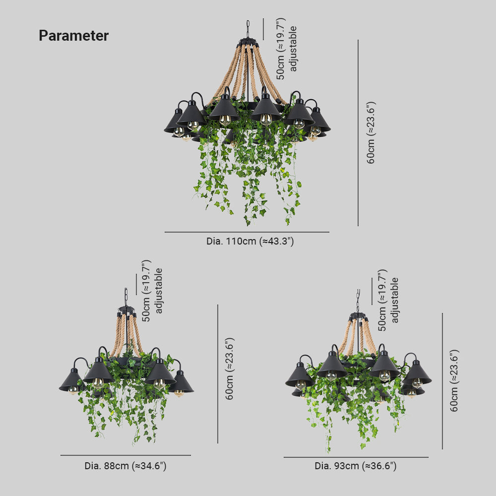Vireo Retro LED Chandelier – Black Metal & Rope, 6/8/12 Bulb Options