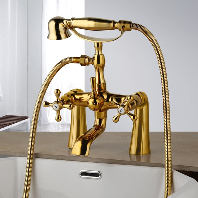 Shower Faucet - Antique Brass Golden Bathtub Shower Faucets Set Dual Knobs Mixer Tap