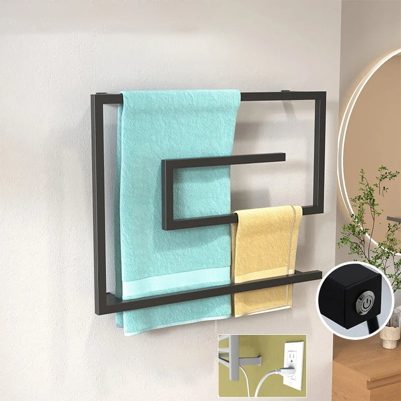 Bathroom Accessory Smart Touch Electric Heated Towel Rail Towel Warmer-Towel Bars & Hooks-Index Bath-Black-Button-Exposed-US-110V-Index Bath