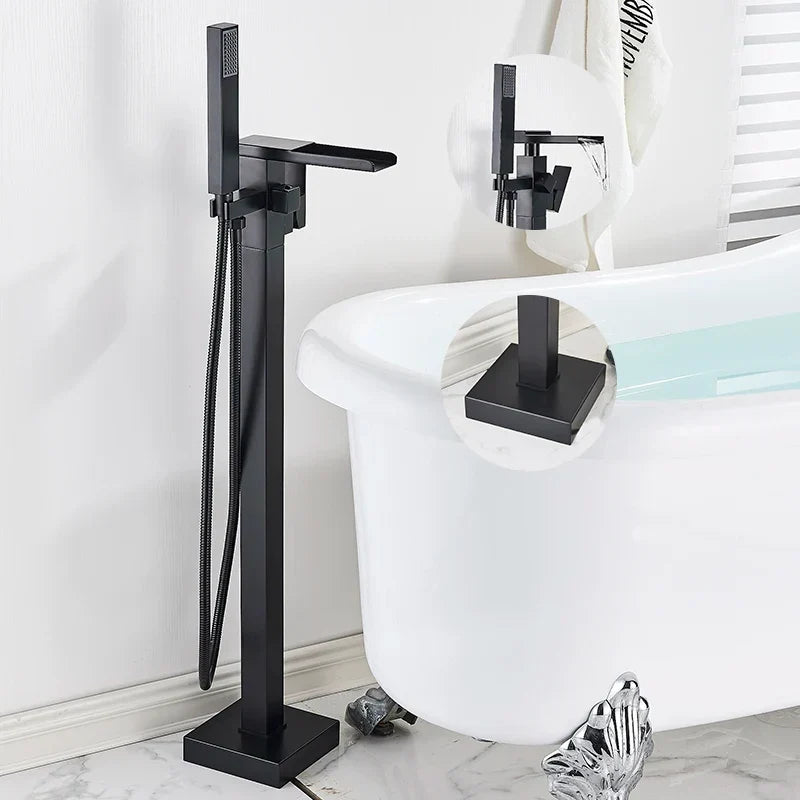Freestanding Bathtub Faucet Waterfall Tub Filler Matte Black Floor Standing Bathroom Tub Faucet with 2 Function Hand Shower Tap-Index Bath