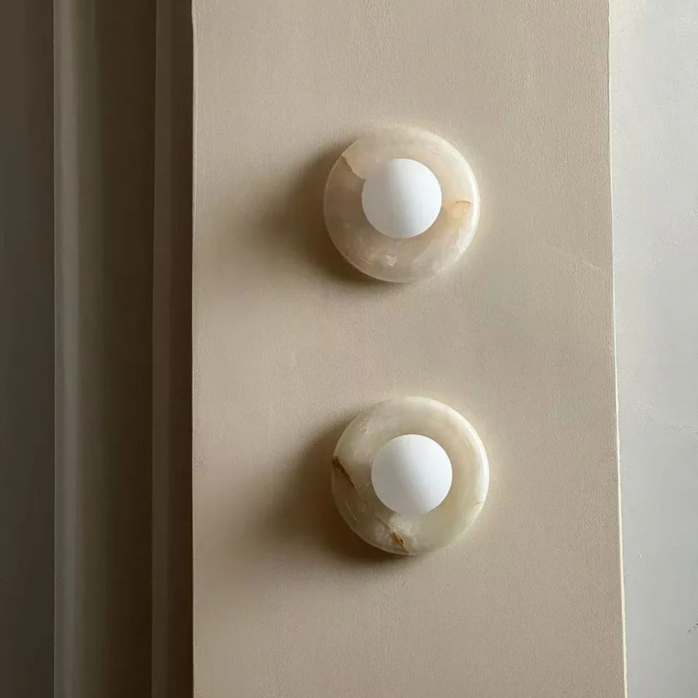 Elif Modern Round Marble Wall Light – White, Green, Wood