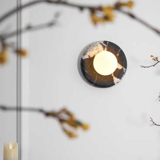 Elif Modern Round Marble Wall Light – White, Green, Wood