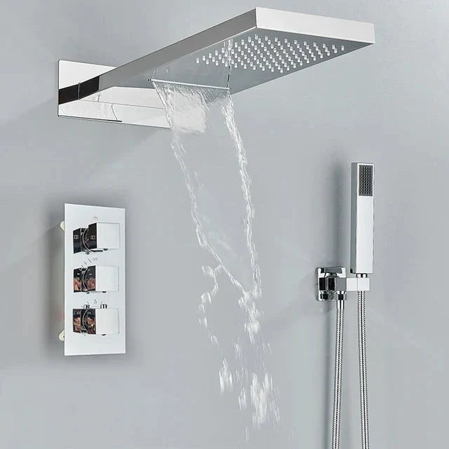 Rain Waterfall Shower Head With 3-way Thermostatic Mixer Tap-Rain Shower Heads-Index Bath-Chrome-Index Bath