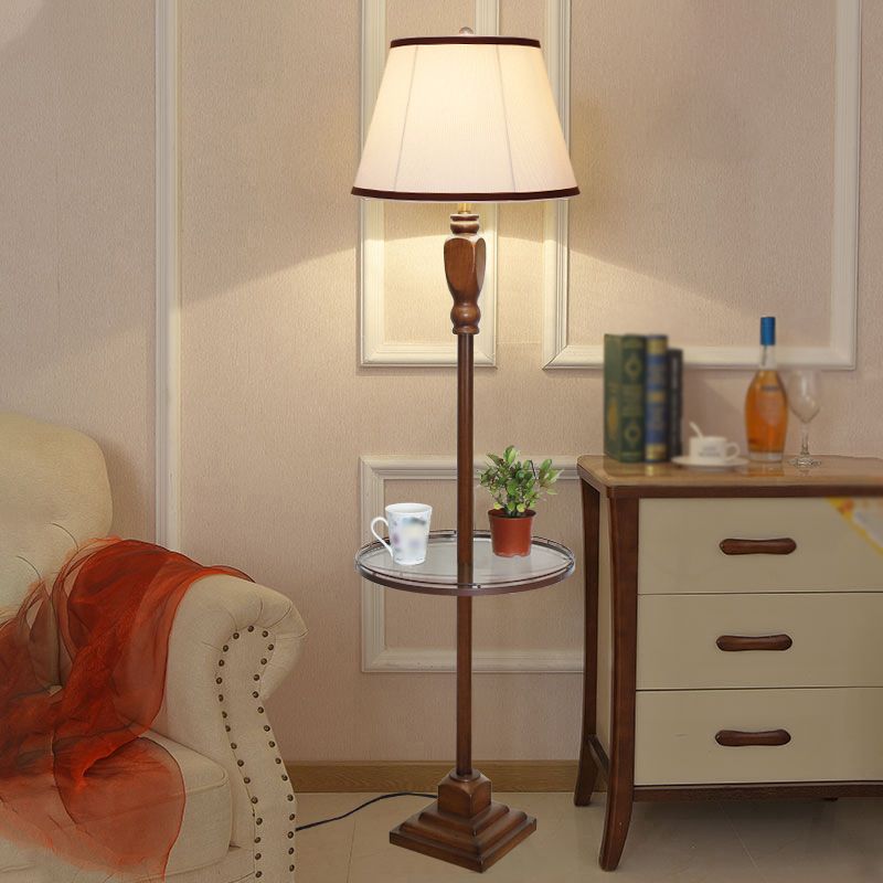 Eryn Retro Drum Floor Lamp – Beige/Khaki Fabric Shade, Metal Base
