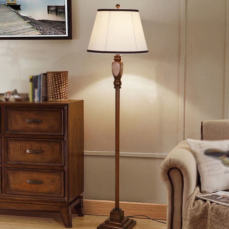 Eryn Retro Drum Floor Lamp – Beige/Khaki Fabric Shade, Metal Base
