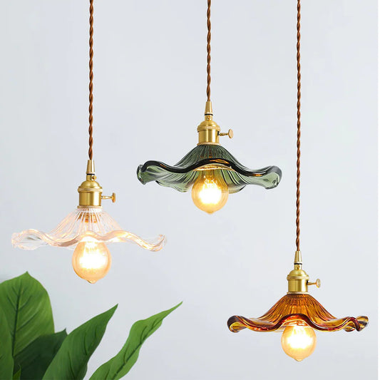 Floral Glass Pendant Light with Brass Detailing