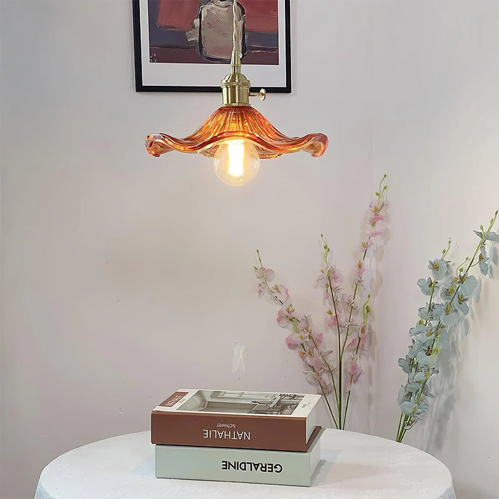 Floral Glass Pendant Light with Brass Detailing