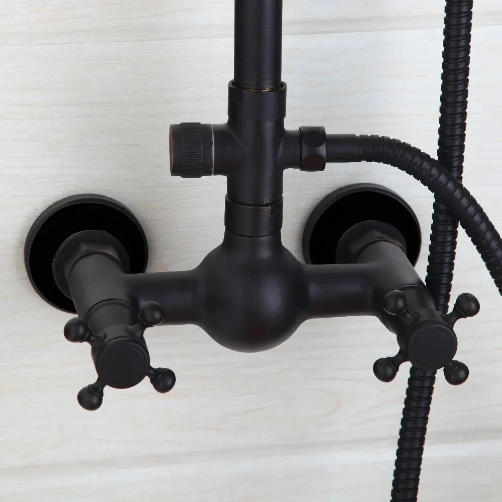Bathroom Black Shower Set Wall Mounted 8" Rainfall Shower Faucet 3-functions 2 Cross Handles Solid Brass Shower Fixtures-Index Bath