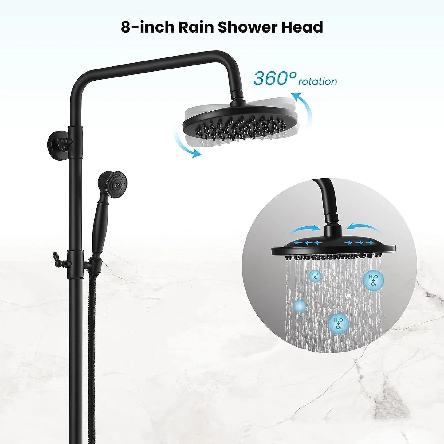 Bathroom Black Shower Set Wall Mounted 8" Rainfall Shower Faucet 3-functions 2 Cross Handles Solid Brass Shower Fixtures-Index Bath