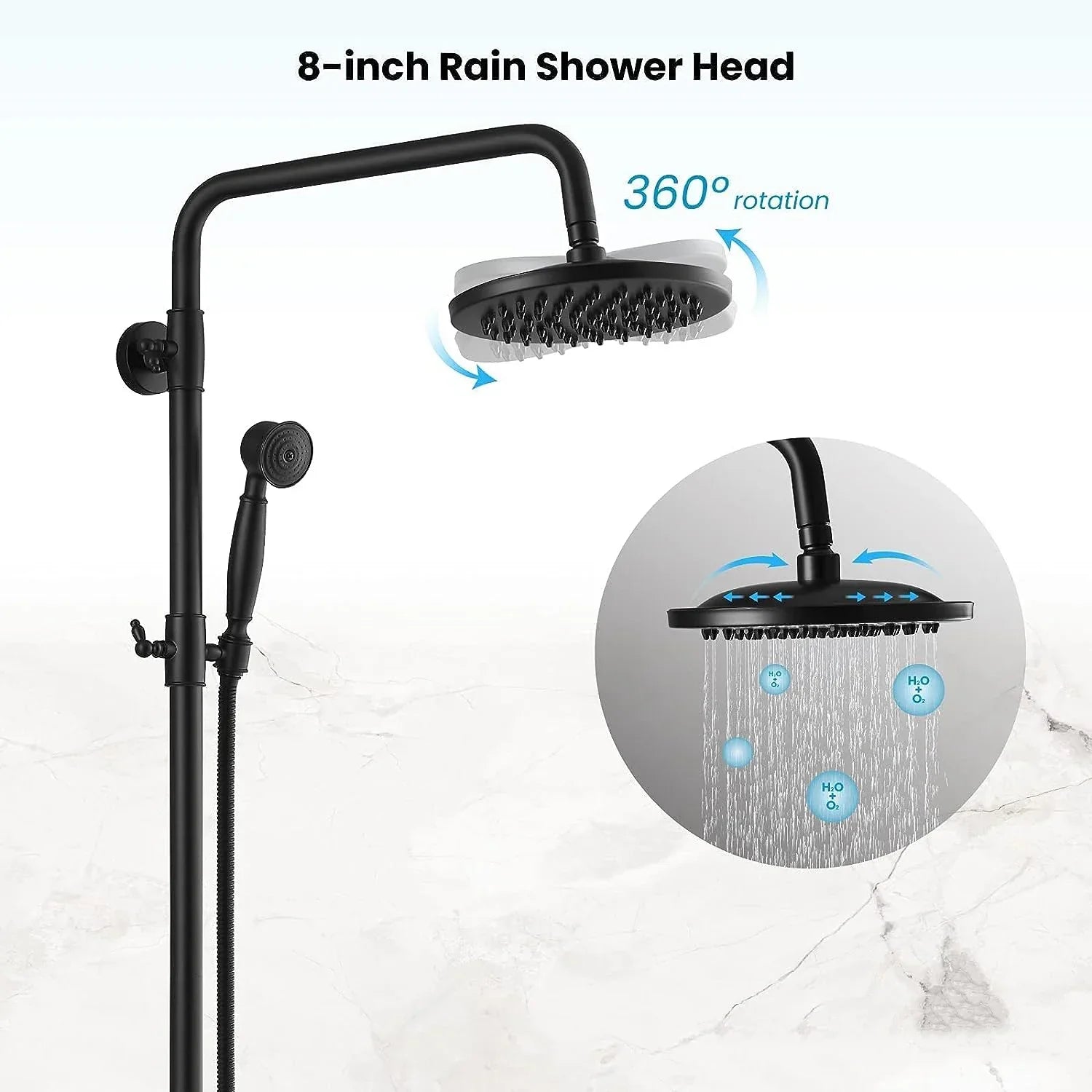 Bathroom Black Shower Set Wall Mounted 8" Rainfall Shower Faucet 3-functions 2 Cross Handles Solid Brass Shower Fixtures-Index Bath