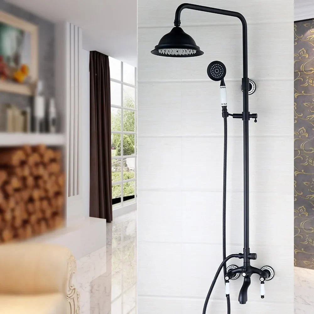 Bathroom Black Shower Set Wall Mounted 8" Rainfall Shower Faucet 3-functions 2 Cross Handles Solid Brass Shower Fixtures-Index Bath