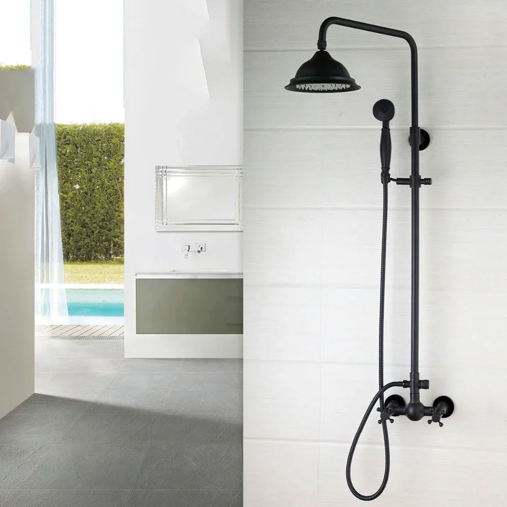 Bathroom Black Shower Set Wall Mounted 8" Rainfall Shower Faucet 3-functions 2 Cross Handles Solid Brass Shower Fixtures-Index Bath