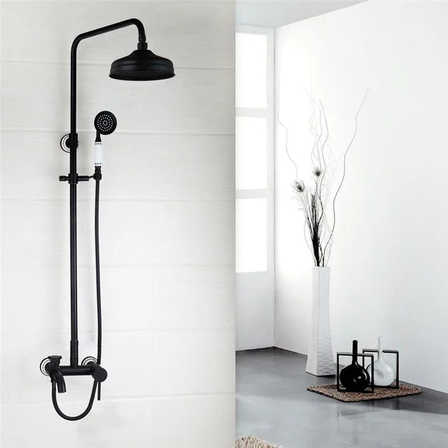 Bathroom Black Shower Set Wall Mounted 8" Rainfall Shower Faucet 3-functions 2 Cross Handles Solid Brass Shower Fixtures-Index Bath