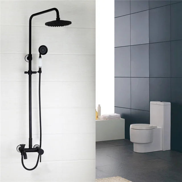 Bathroom Black Shower Set Wall Mounted 8" Rainfall Shower Faucet 3-functions 2 Cross Handles Solid Brass Shower Fixtures-Index Bath
