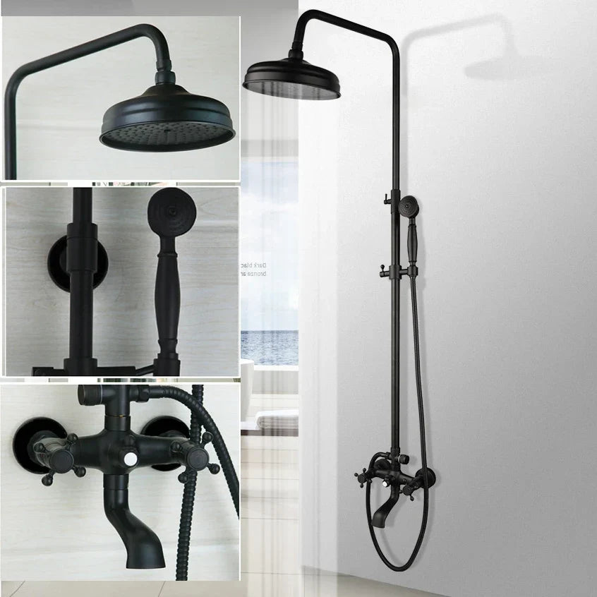 Bathroom Black Shower Set Wall Mounted 8" Rainfall Shower Faucet 3-functions 2 Cross Handles Solid Brass Shower Fixtures-Index Bath