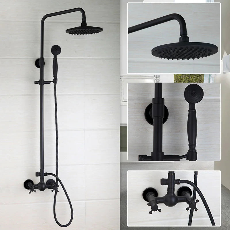 Bathroom Black Shower Set Wall Mounted 8" Rainfall Shower Faucet 3-functions 2 Cross Handles Solid Brass Shower Fixtures-Index Bath