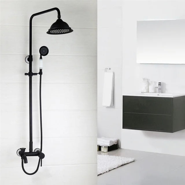 Bathroom Black Shower Set Wall Mounted 8" Rainfall Shower Faucet 3-functions 2 Cross Handles Solid Brass Shower Fixtures-Index Bath