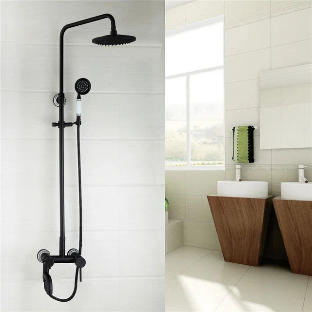 Bathroom Black Shower Set Wall Mounted 8" Rainfall Shower Faucet 3-functions 2 Cross Handles Solid Brass Shower Fixtures-Index Bath