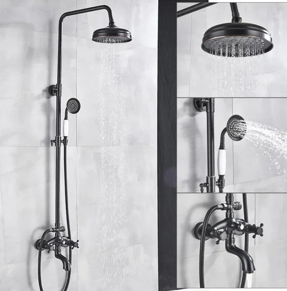 Bathroom Black Shower Set Wall Mounted 8" Rainfall Shower Faucet 3-functions 2 Cross Handles Solid Brass Shower Fixtures-Index Bath