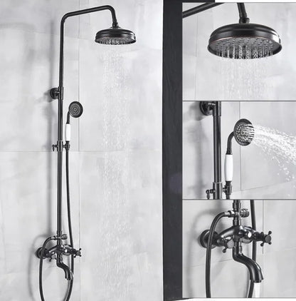 Bathroom Black Shower Set Wall Mounted 8" Rainfall Shower Faucet 3-functions 2 Cross Handles Solid Brass Shower Fixtures-Index Bath