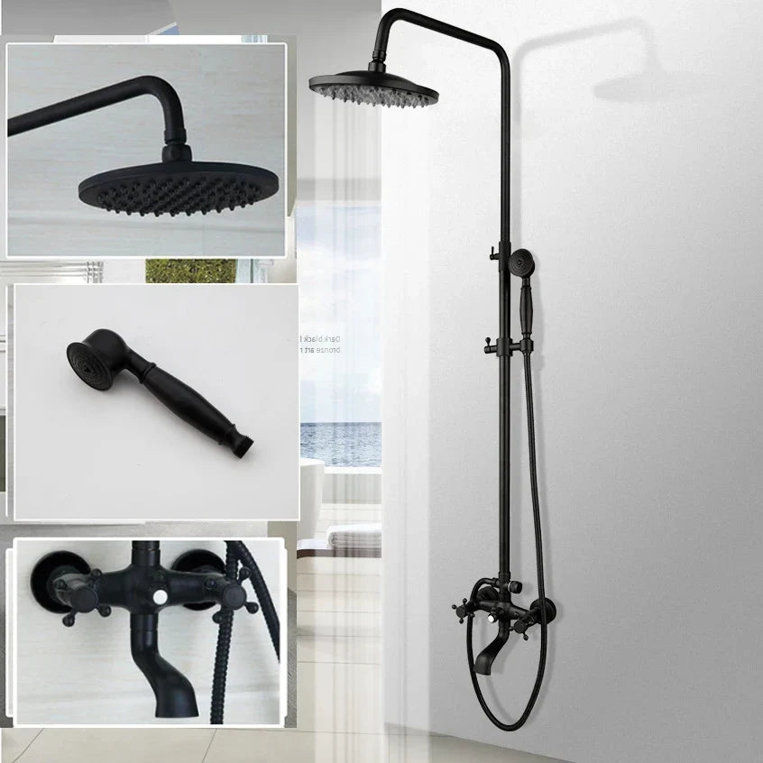 Bathroom Black Shower Set Wall Mounted 8" Rainfall Shower Faucet 3-functions 2 Cross Handles Solid Brass Shower Fixtures-Index Bath