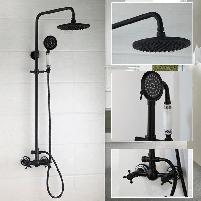 Bathroom Black Shower Set Wall Mounted 8" Rainfall Shower Faucet 3-functions 2 Cross Handles Solid Brass Shower Fixtures-Index Bath
