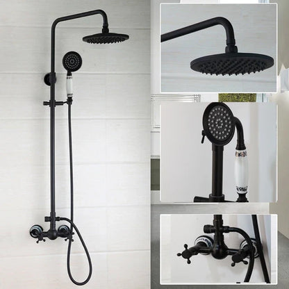 Bathroom Black Shower Set Wall Mounted 8" Rainfall Shower Faucet 3-functions 2 Cross Handles Solid Brass Shower Fixtures-Index Bath
