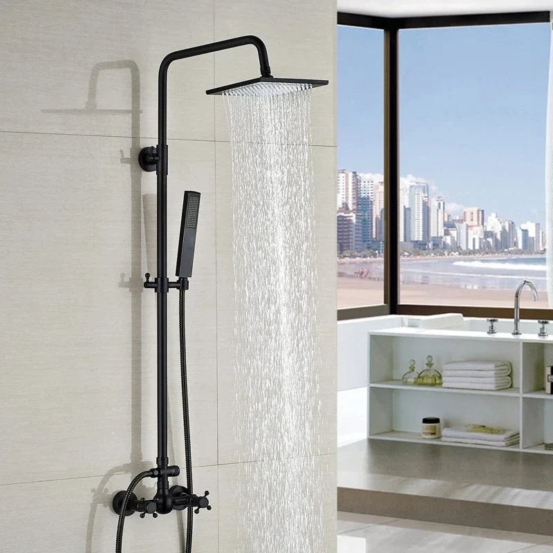 Bathroom Black Shower Set Wall Mounted 8" Rainfall Shower Faucet 3-functions 2 Cross Handles Solid Brass Shower Fixtures-Index Bath