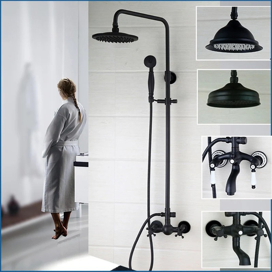 Bathroom Black Shower Set Wall Mounted 8" Rainfall Shower Faucet 3-functions 2 Cross Handles Solid Brass Shower Fixtures-Index Bath