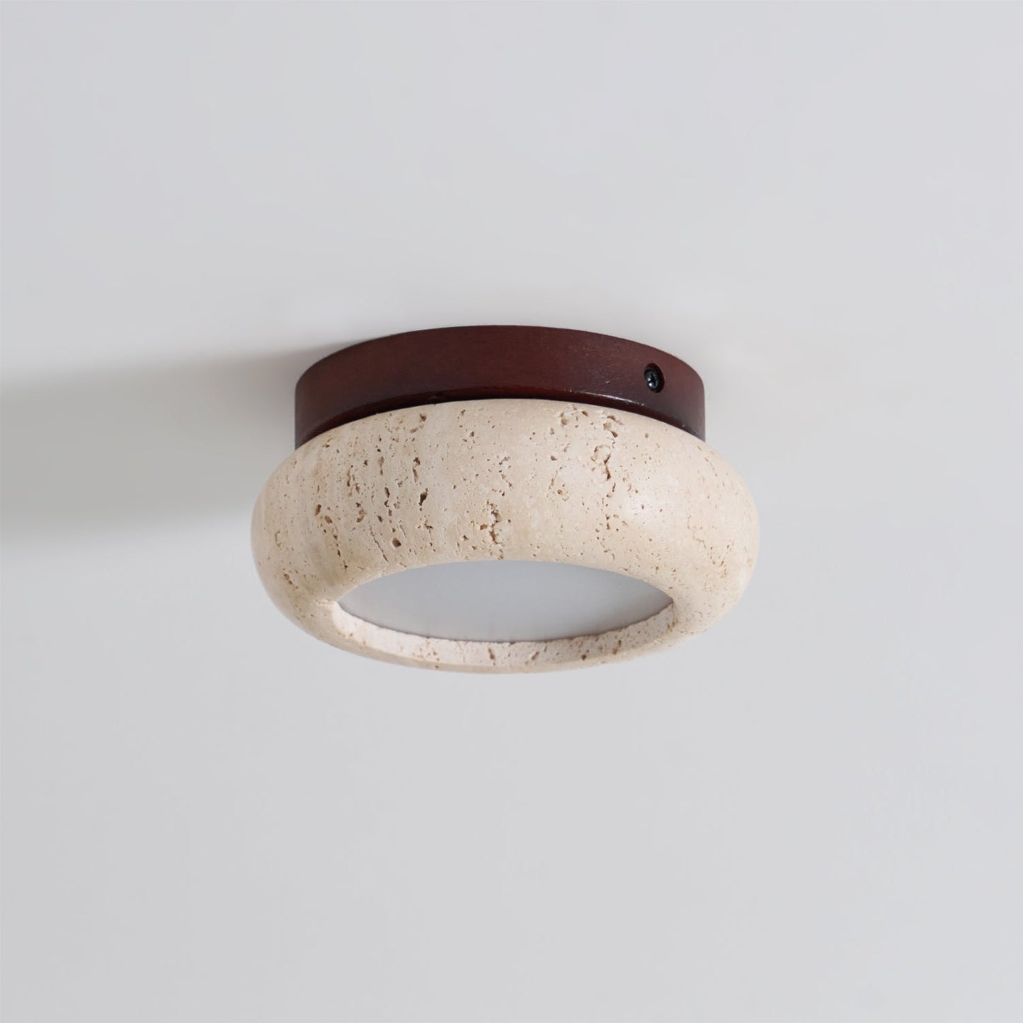 Travertine Flush Ceiling Light – Minimalist Stone & Wood LED Ceiling Lamp