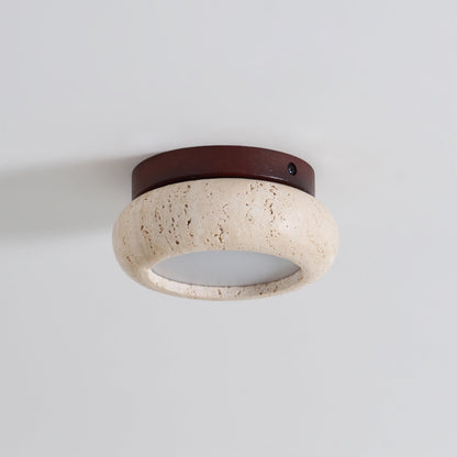 Travertine Flush Ceiling Light – Minimalist Stone & Wood LED Ceiling Lamp