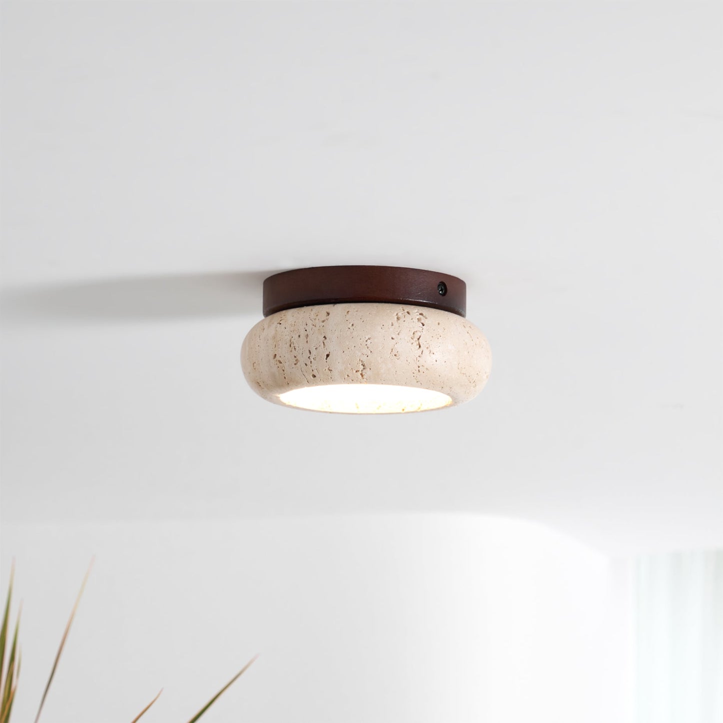 Travertine Flush Ceiling Light – Minimalist Stone & Wood LED Ceiling Lamp