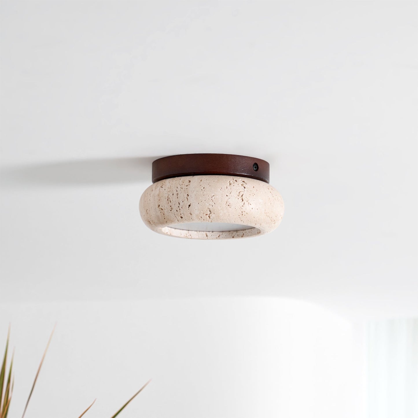 Travertine Flush Ceiling Light – Minimalist Stone & Wood LED Ceiling Lamp