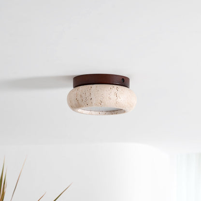 Travertine Flush Ceiling Light – Minimalist Stone & Wood LED Ceiling Lamp