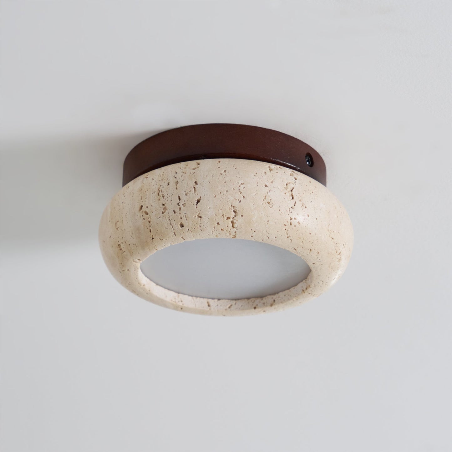Travertine Flush Ceiling Light – Minimalist Stone & Wood LED Ceiling Lamp