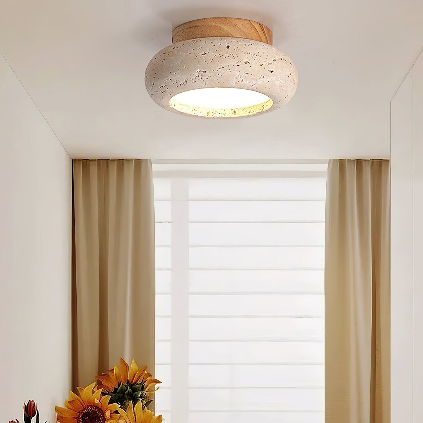 Travertine Flush Ceiling Light – Minimalist Stone & Wood LED Ceiling Lamp
