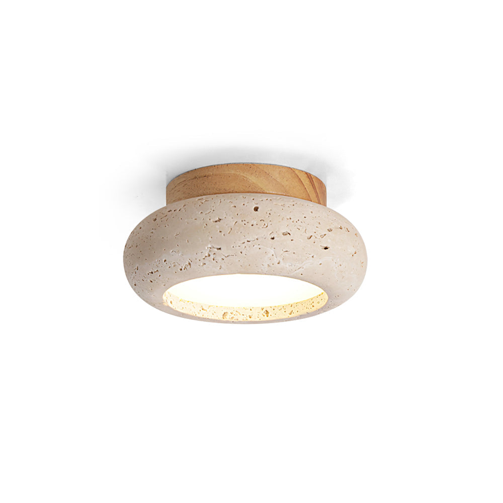 Travertine Flush Ceiling Light – Minimalist Stone & Wood LED Ceiling Lamp