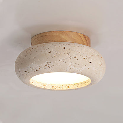 Travertine Flush Ceiling Light – Minimalist Stone & Wood LED Ceiling Lamp