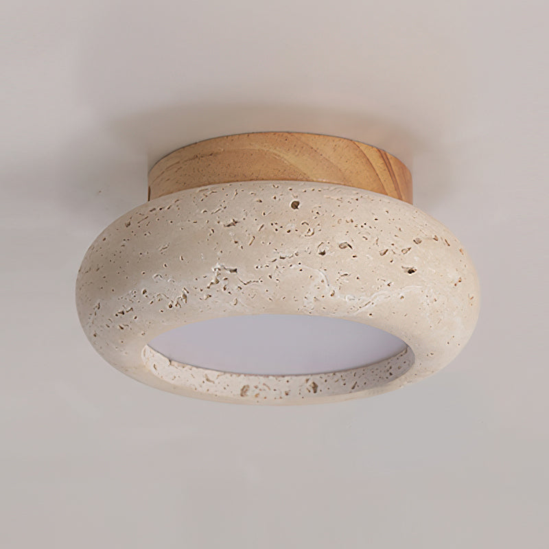 Travertine Flush Ceiling Light – Minimalist Stone & Wood LED Ceiling Lamp