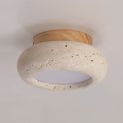 Travertine Flush Ceiling Light – Minimalist Stone & Wood LED Ceiling Lamp