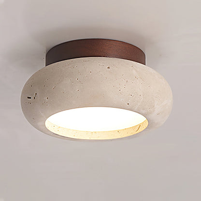 Travertine Flush Ceiling Light – Minimalist Stone & Wood LED Ceiling Lamp