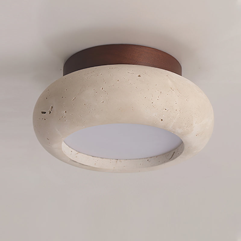 Travertine Flush Ceiling Light – Minimalist Stone & Wood LED Ceiling Lamp