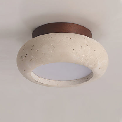 Travertine Flush Ceiling Light – Minimalist Stone & Wood LED Ceiling Lamp