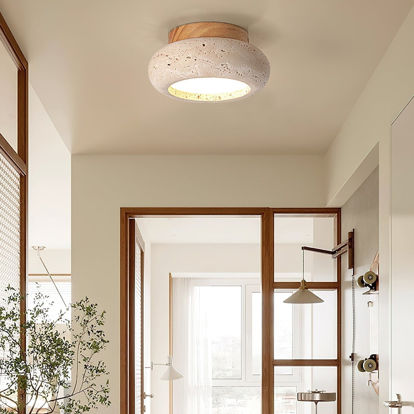 Travertine Flush Ceiling Light – Minimalist Stone & Wood LED Ceiling Lamp