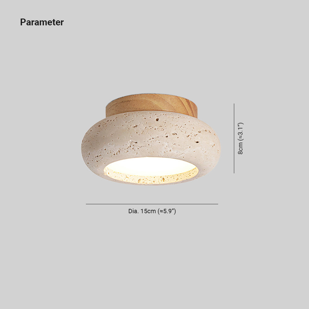 Travertine Flush Ceiling Light – Minimalist Stone & Wood LED Ceiling Lamp