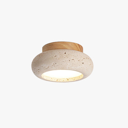 Travertine Flush Ceiling Light – Minimalist Stone & Wood LED Ceiling Lamp