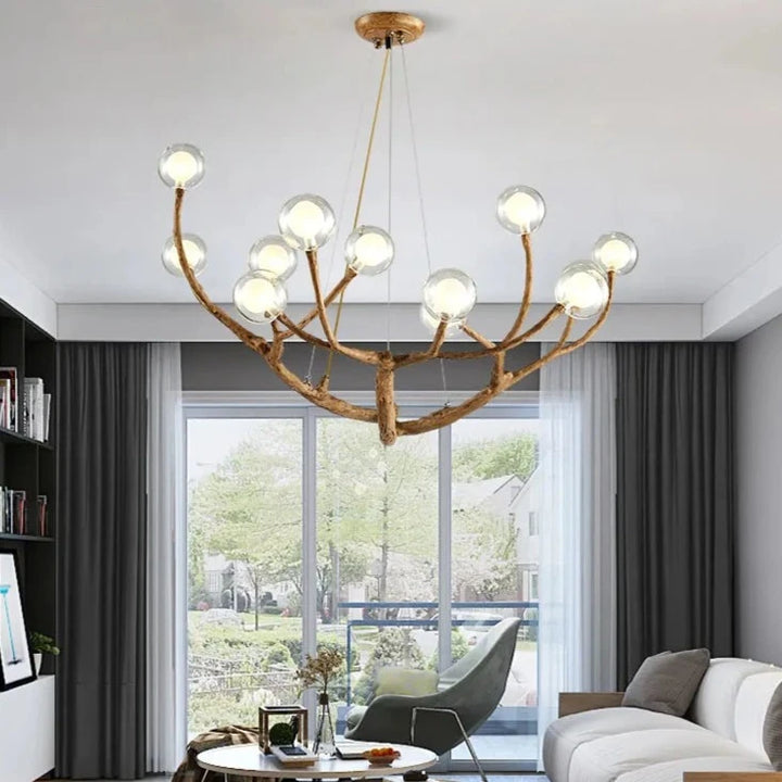Branch Chandelier – Natural Wood and Glass Pendant Light